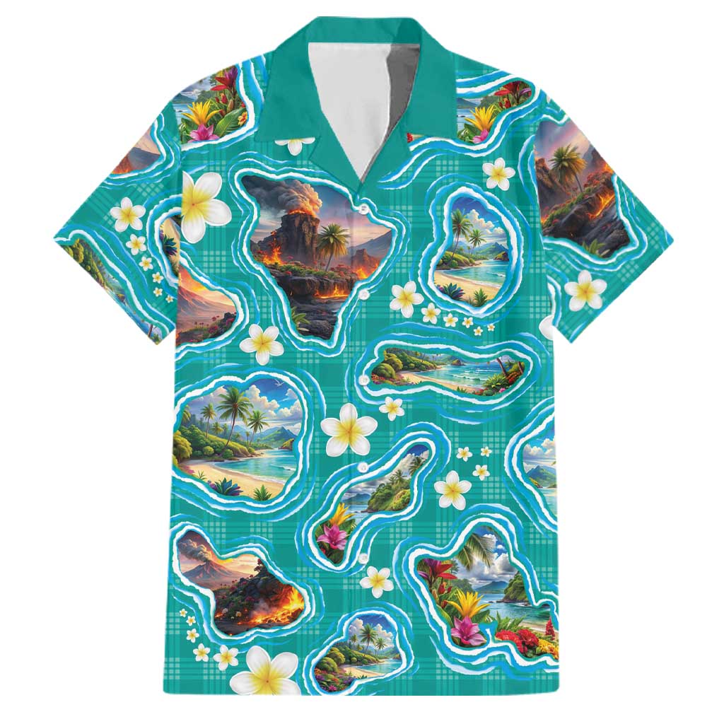 Hawaii Map with Plumeria Flower and Palaka Pattern Family Matching Off Shoulder Short Dress and Hawaiian Shirt Tropical Island Teal Design LT03 Dad's Shirt - Short Sleeve Teal - Polynesian Pride