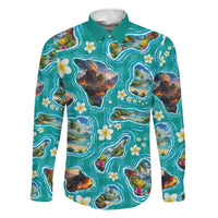 Hawaii Map with Plumeria Flower and Palaka Pattern Family Matching Off Shoulder Short Dress and Hawaiian Shirt Tropical Island Teal Design LT03 Dad's Shirt - Long Sleeve Teal - Polynesian Pride