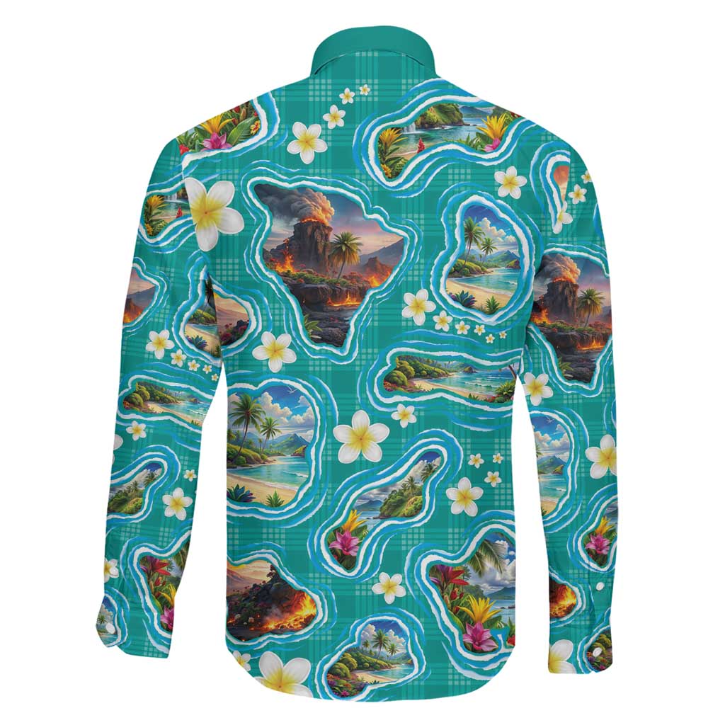 Hawaii Map with Plumeria Flower and Palaka Pattern Family Matching Off Shoulder Short Dress and Hawaiian Shirt Tropical Island Teal Design LT03 - Polynesian Pride