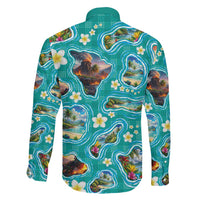 Hawaii Map with Plumeria Flower and Palaka Pattern Family Matching Off Shoulder Short Dress and Hawaiian Shirt Tropical Island Teal Design LT03 - Polynesian Pride