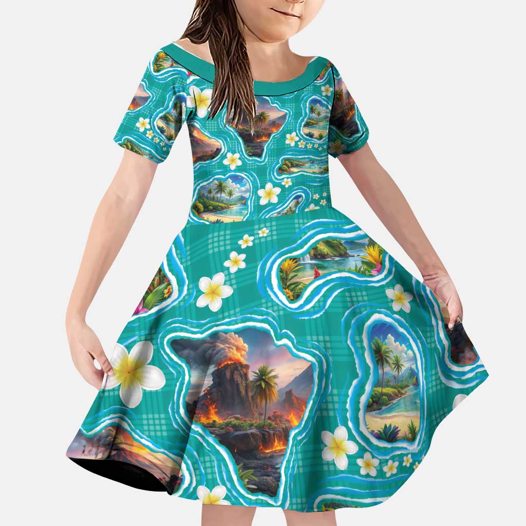 Hawaii Map with Plumeria Flower and Palaka Pattern Family Matching Puletasi and Hawaiian Shirt Tropical Island Teal Design LT03 Daughter's Dress Teal - Polynesian Pride