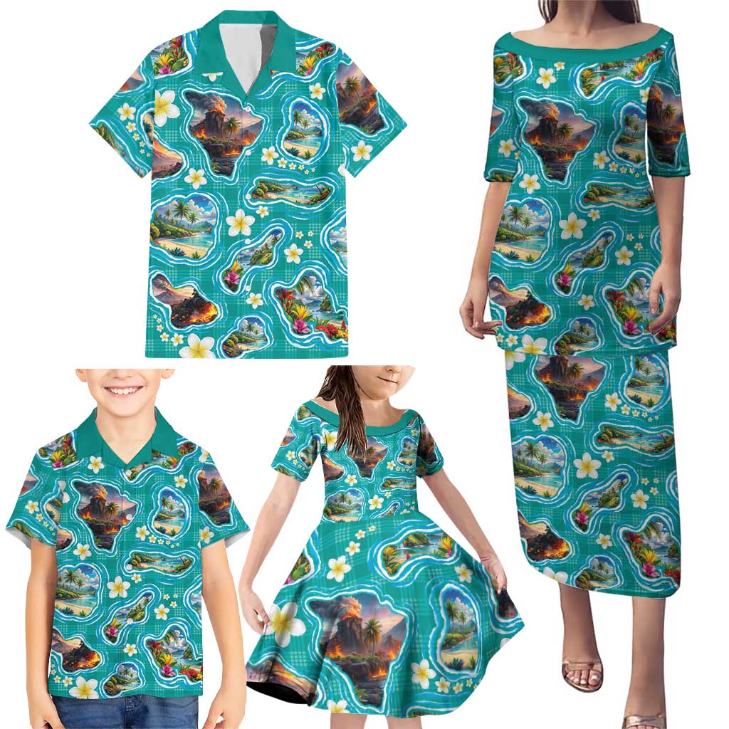 Hawaii Map with Plumeria Flower and Palaka Pattern Family Matching Puletasi and Hawaiian Shirt Tropical Island Teal Design LT03 - Polynesian Pride