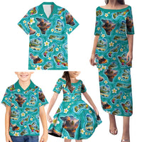 Hawaii Map with Plumeria Flower and Palaka Pattern Family Matching Puletasi and Hawaiian Shirt Tropical Island Teal Design LT03 - Polynesian Pride