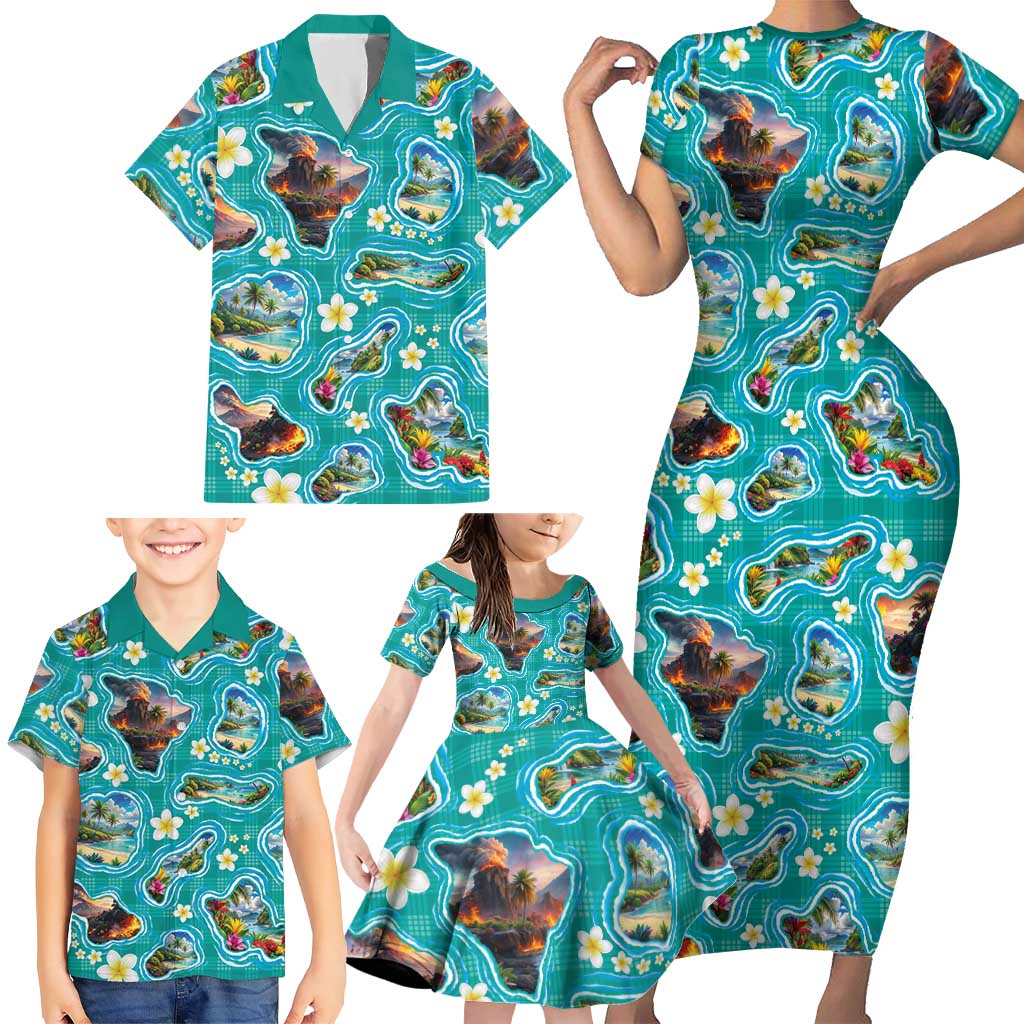 Hawaii Map with Plumeria Flower and Palaka Pattern Family Matching Short Sleeve Bodycon Dress and Hawaiian Shirt Tropical Island Teal Design LT03 - Polynesian Pride