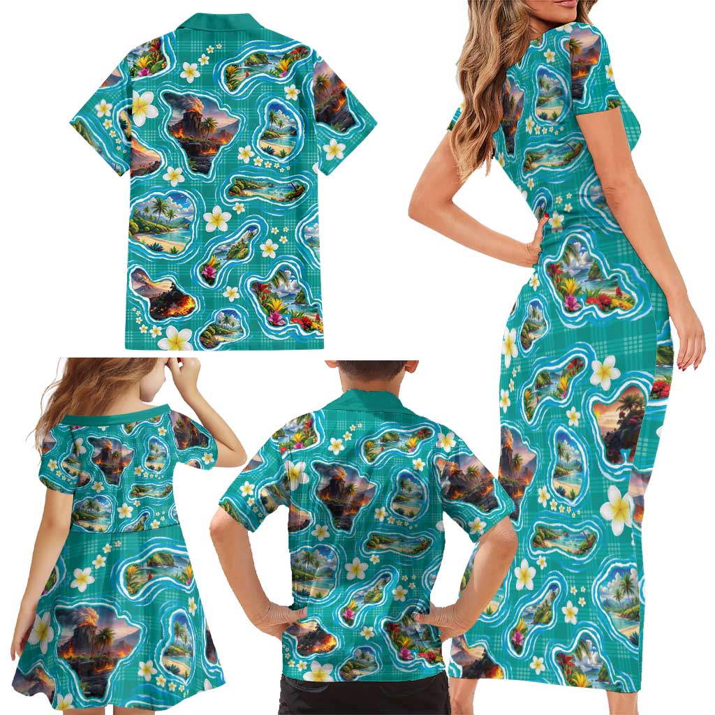 Hawaii Map with Plumeria Flower and Palaka Pattern Family Matching Short Sleeve Bodycon Dress and Hawaiian Shirt Tropical Island Teal Design LT03 - Polynesian Pride