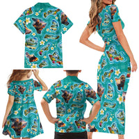 Hawaii Map with Plumeria Flower and Palaka Pattern Family Matching Short Sleeve Bodycon Dress and Hawaiian Shirt Tropical Island Teal Design LT03 - Polynesian Pride
