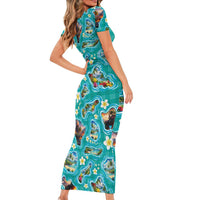 Hawaii Map with Plumeria Flower and Palaka Pattern Family Matching Short Sleeve Bodycon Dress and Hawaiian Shirt Tropical Island Teal Design LT03 - Polynesian Pride