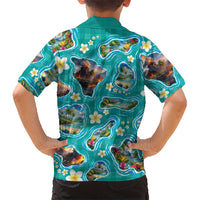 Hawaii Map with Plumeria Flower and Palaka Pattern Family Matching Tank Maxi Dress and Hawaiian Shirt Tropical Island Teal Design LT03 - Polynesian Pride