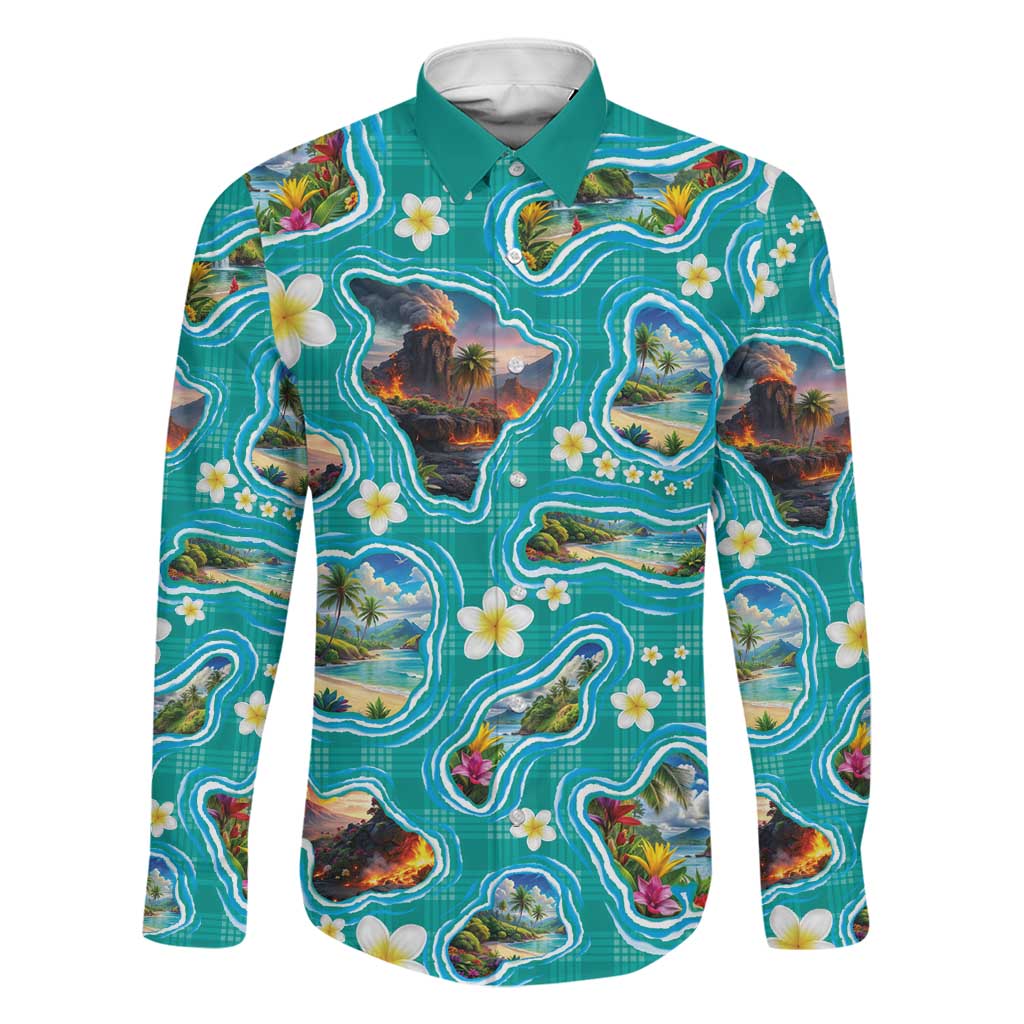 Hawaii Map with Plumeria Flower and Palaka Pattern Family Matching Tank Maxi Dress and Hawaiian Shirt Tropical Island Teal Design LT03 Dad's Shirt - Long Sleeve Teal - Polynesian Pride