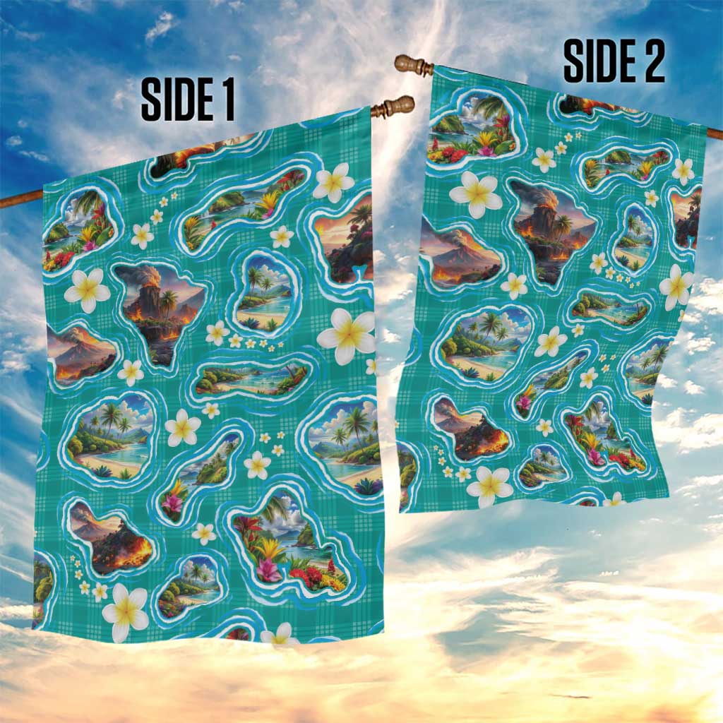 Hawaii Map with Plumeria Flower and Palaka Pattern Garden Flag Tropical Island Teal Design