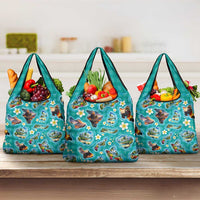 Hawaii Map with Plumeria Flower and Palaka Pattern Grocery Bag Tropical Island Teal Design LT03 3-pack One Size Teal - Polynesian Pride