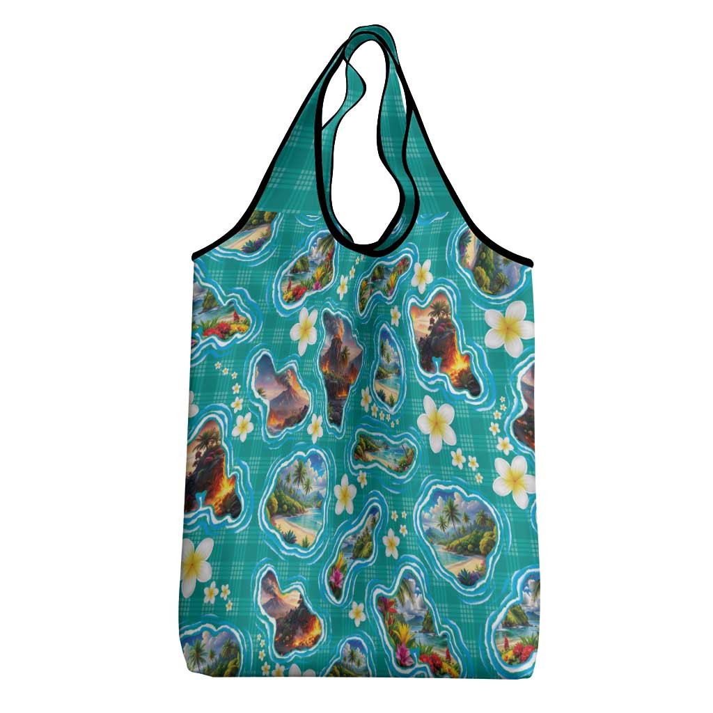 Hawaii Map with Plumeria Flower and Palaka Pattern Grocery Bag Tropical Island Teal Design LT03 - Polynesian Pride
