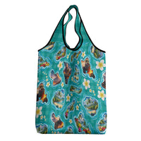 Hawaii Map with Plumeria Flower and Palaka Pattern Grocery Bag Tropical Island Teal Design LT03 - Polynesian Pride