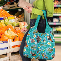 Hawaii Map with Plumeria Flower and Palaka Pattern Grocery Bag Tropical Island Teal Design LT03 - Polynesian Pride