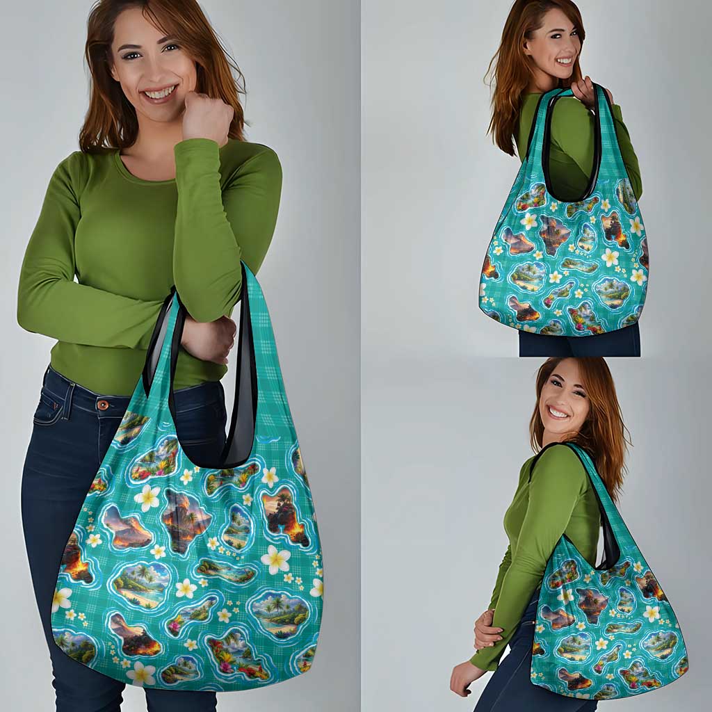 Hawaii Map with Plumeria Flower and Palaka Pattern Grocery Bag Tropical Island Teal Design LT03 - Polynesian Pride