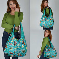 Hawaii Map with Plumeria Flower and Palaka Pattern Grocery Bag Tropical Island Teal Design LT03 - Polynesian Pride