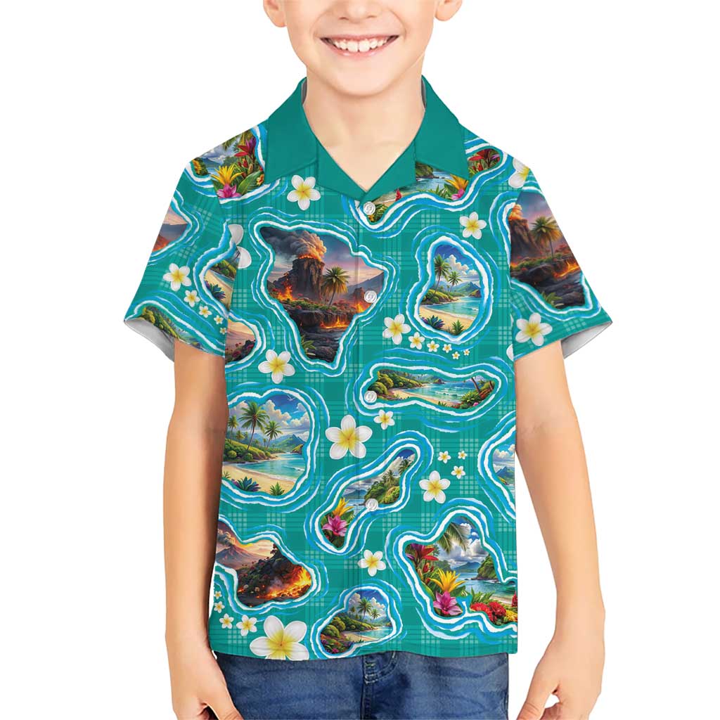 Hawaii Map with Plumeria Flower and Palaka Pattern Hawaiian Shirt Tropical Island Teal Design