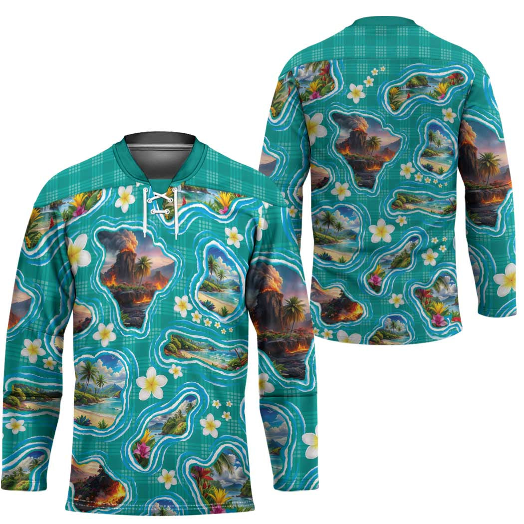 Hawaii Map with Plumeria Flower and Palaka Pattern Hockey Jersey Tropical Island Teal Design