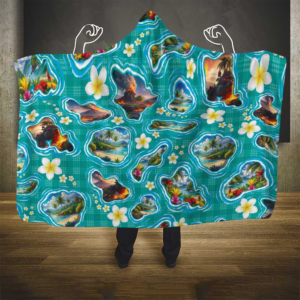 Hawaii Map with Plumeria Flower and Palaka Pattern Hooded Blanket Tropical Island Teal Design