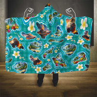 Hawaii Map with Plumeria Flower and Palaka Pattern Hooded Blanket Tropical Island Teal Design