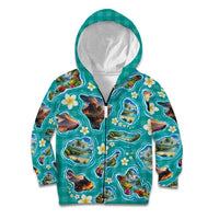Hawaii Map with Plumeria Flower and Palaka Pattern Kid Hoodie Tropical Island Teal Design