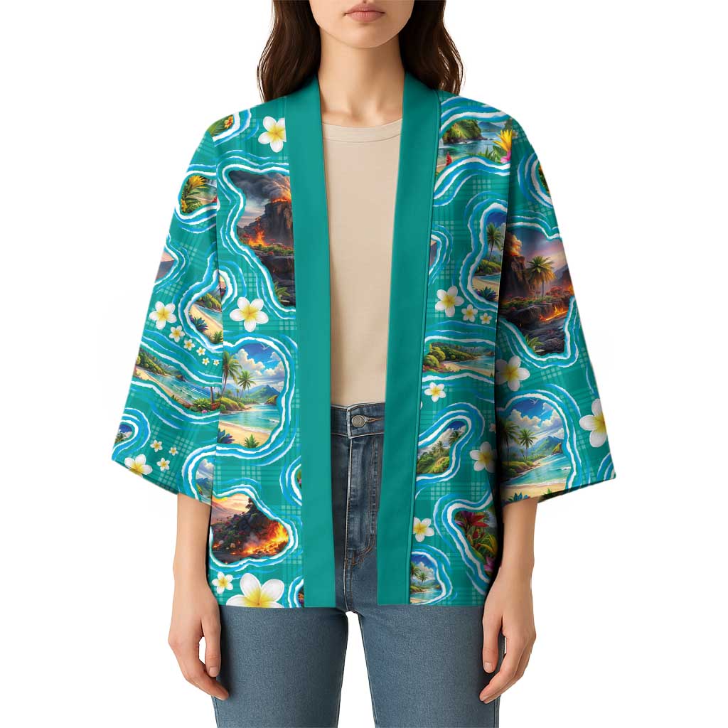 Hawaii Map with Plumeria Flower and Palaka Pattern Kimono Tropical Island Teal Design