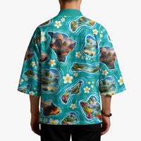 Hawaii Map with Plumeria Flower and Palaka Pattern Kimono Tropical Island Teal Design