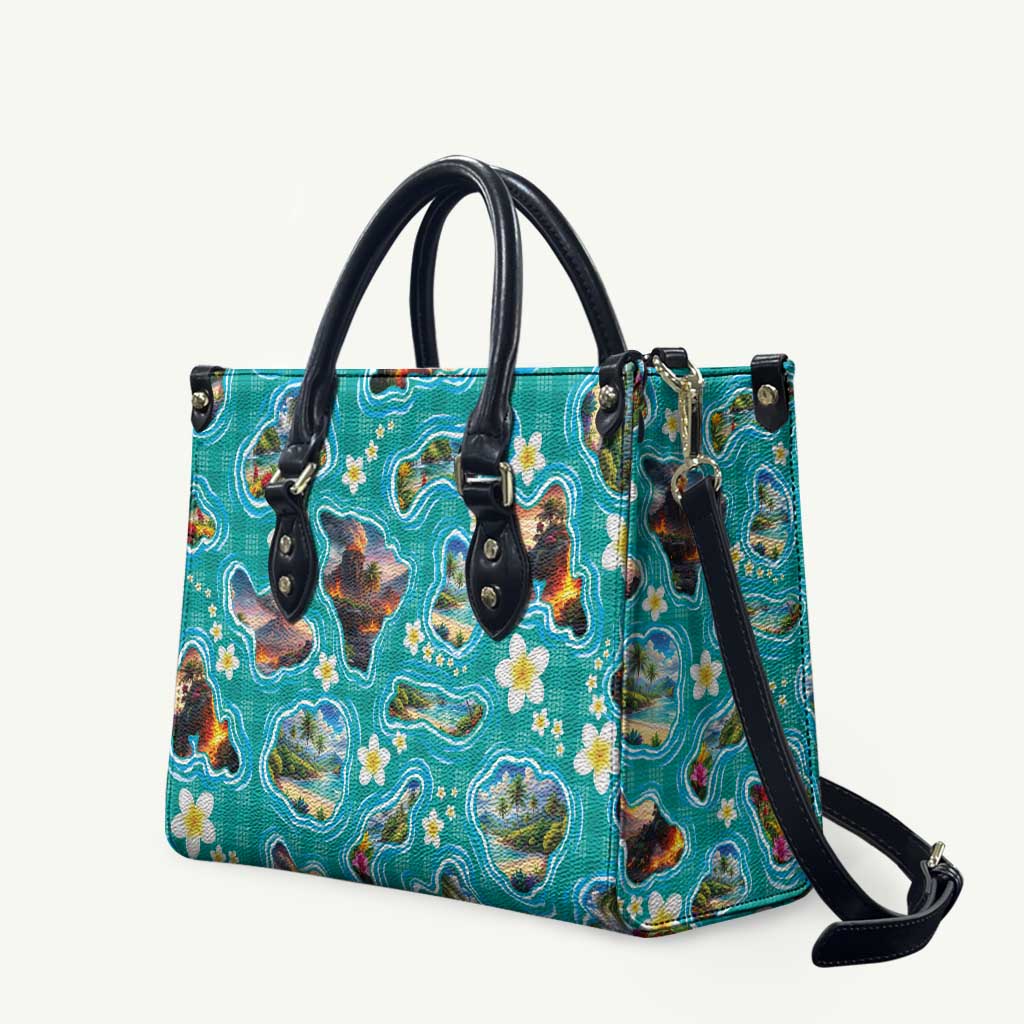 Hawaii Map with Plumeria Flower and Palaka Pattern Leather Bag Tropical Island Teal Design