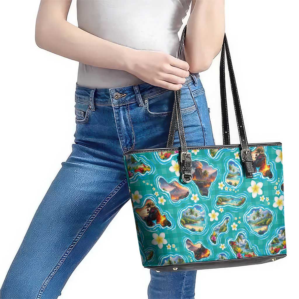 Hawaii Map with Plumeria Flower and Palaka Pattern Leather Tote Bag Tropical Island Teal Design