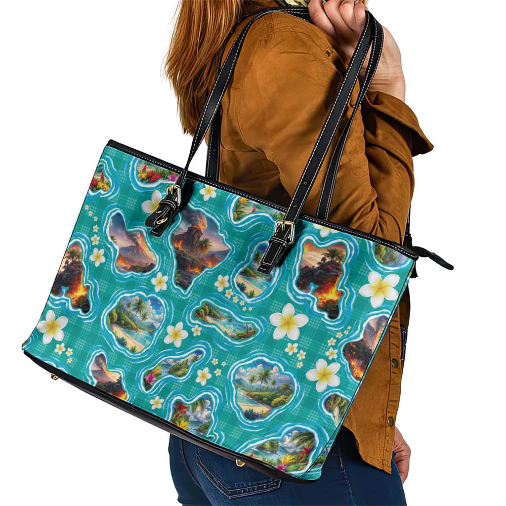 Hawaii Map with Plumeria Flower and Palaka Pattern Leather Tote Bag Tropical Island Teal Design