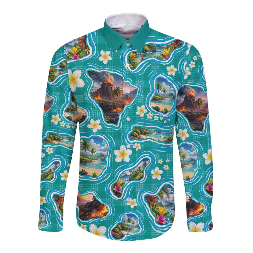 Hawaii Map with Plumeria Flower and Palaka Pattern Long Sleeve Button Shirt Tropical Island Teal Design