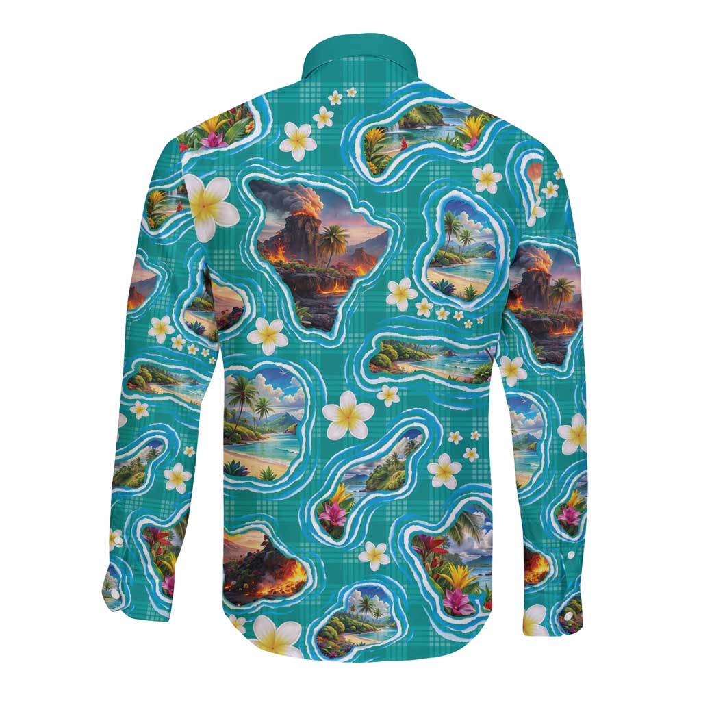 Hawaii Map with Plumeria Flower and Palaka Pattern Long Sleeve Button Shirt Tropical Island Teal Design
