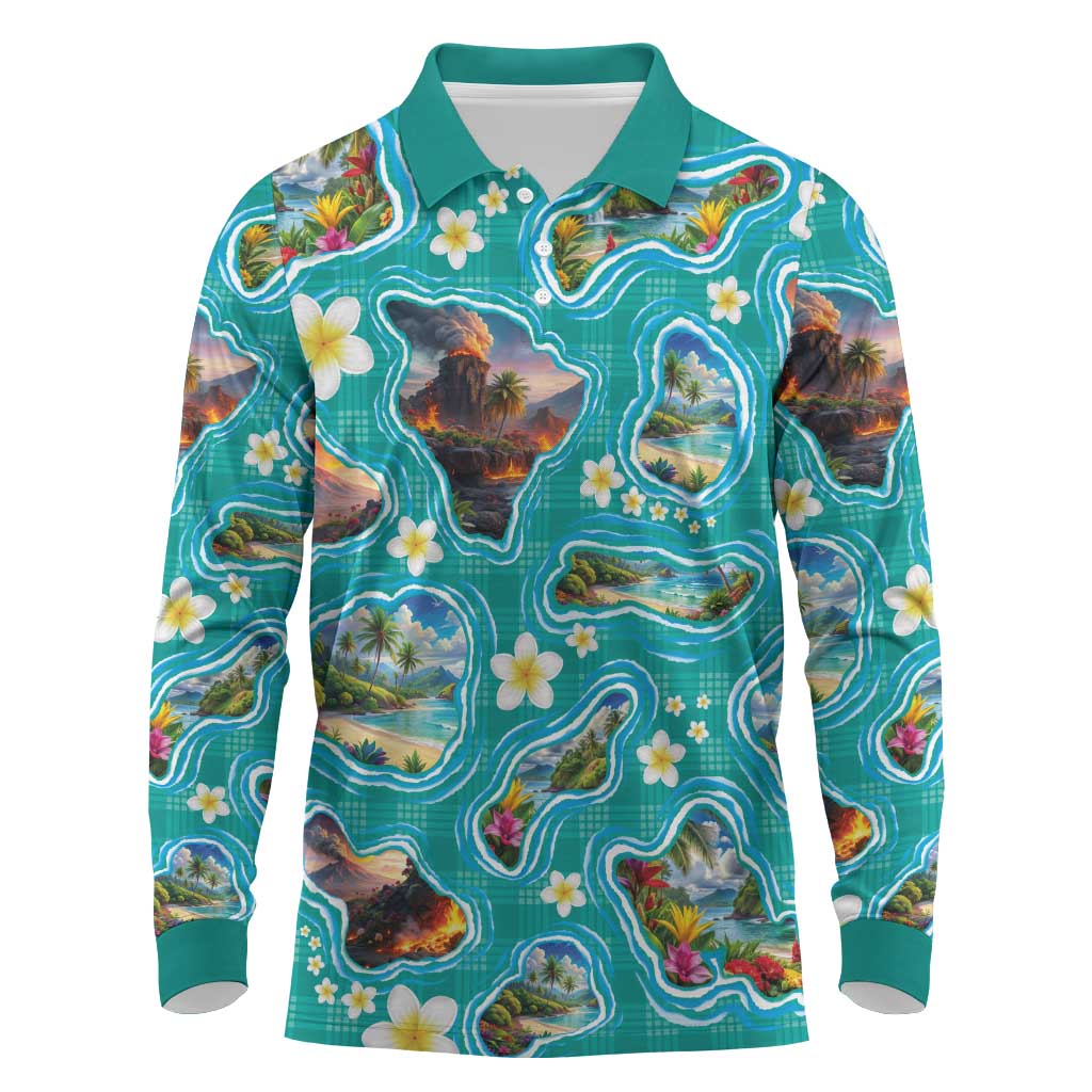 Hawaii Map with Plumeria Flower and Palaka Pattern Long Sleeve Polo Shirt Tropical Island Teal Design