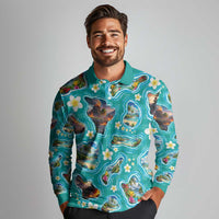 Hawaii Map with Plumeria Flower and Palaka Pattern Long Sleeve Polo Shirt Tropical Island Teal Design