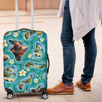 Hawaii Map with Plumeria Flower and Palaka Pattern Luggage Cover Tropical Island Teal Design