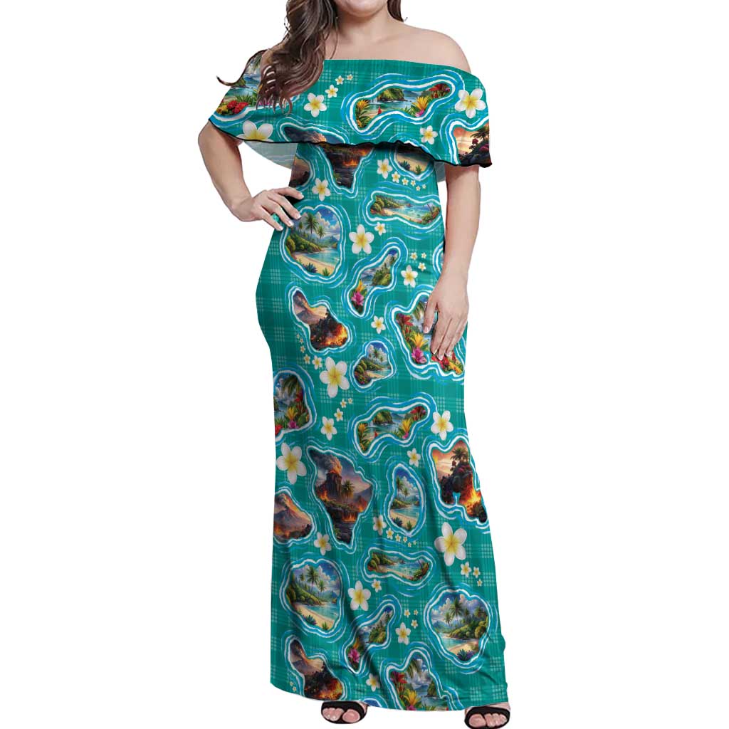 Hawaii Map with Plumeria Flower and Palaka Pattern Off Shoulder Maxi Dress Tropical Island Teal Design LT03 Women Teal - Polynesian Pride