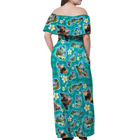 Hawaii Map with Plumeria Flower and Palaka Pattern Off Shoulder Maxi Dress Tropical Island Teal Design LT03 - Polynesian Pride