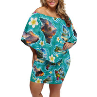 Hawaii Map with Plumeria Flower and Palaka Pattern Off Shoulder Short Dress Tropical Island Teal Design LT03 Women Teal - Polynesian Pride