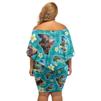 Hawaii Map with Plumeria Flower and Palaka Pattern Off Shoulder Short Dress Tropical Island Teal Design LT03 - Polynesian Pride