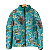 Hawaii Map with Plumeria Flower and Palaka Pattern Padded Jacket Tropical Island Teal Design