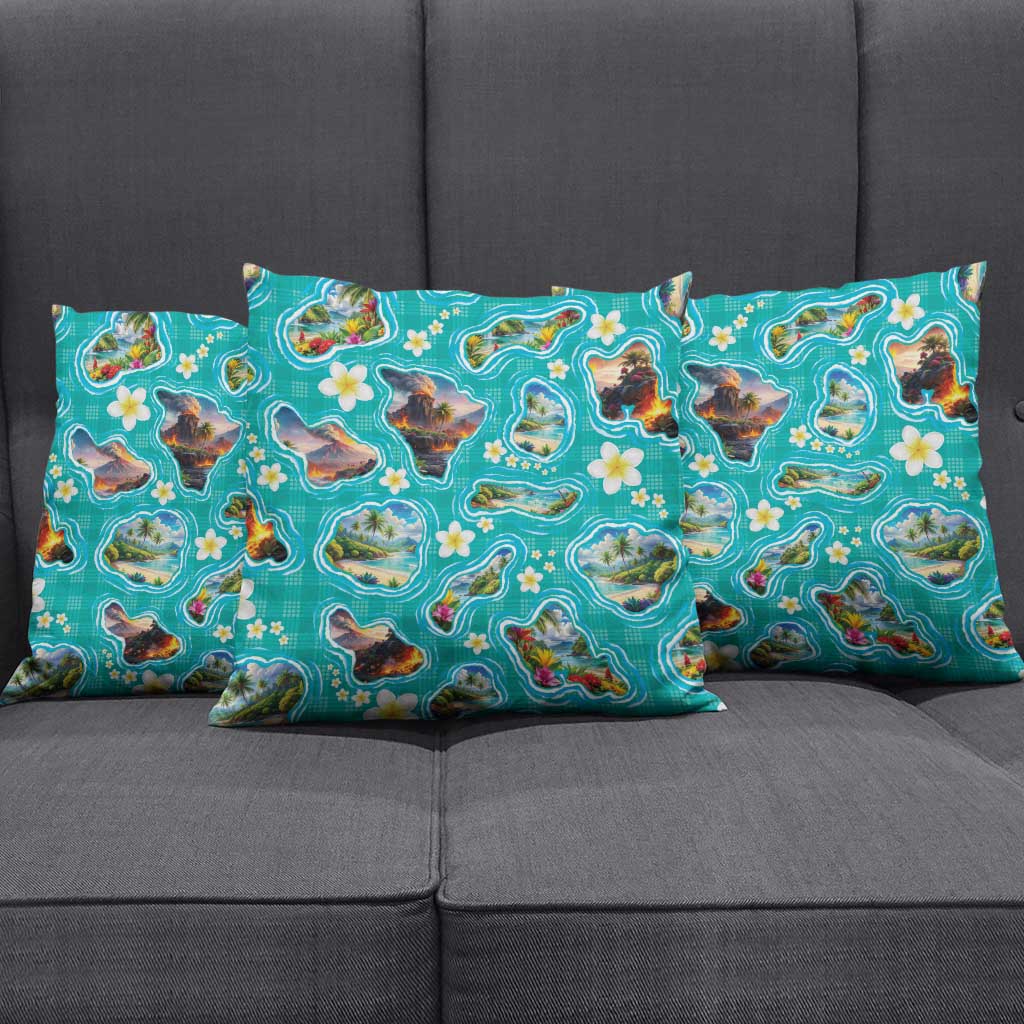 Hawaii Map with Plumeria Flower and Palaka Pattern Pillow Cover Tropical Island Teal Design
