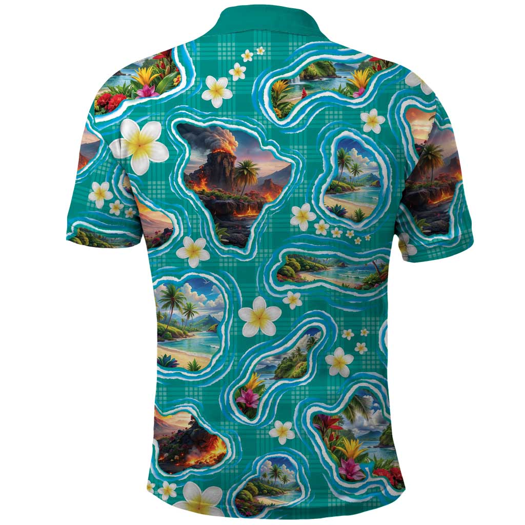 Hawaii Map with Plumeria Flower and Palaka Pattern Polo Shirt Tropical Island Teal Design