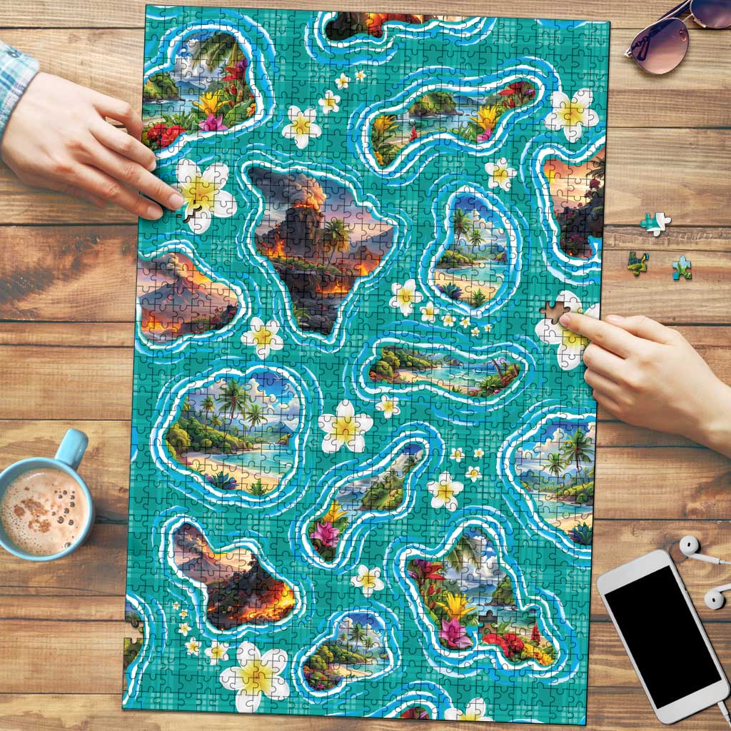 Hawaii Map with Plumeria Flower and Palaka Pattern Puzzle Tropical Island Teal Design