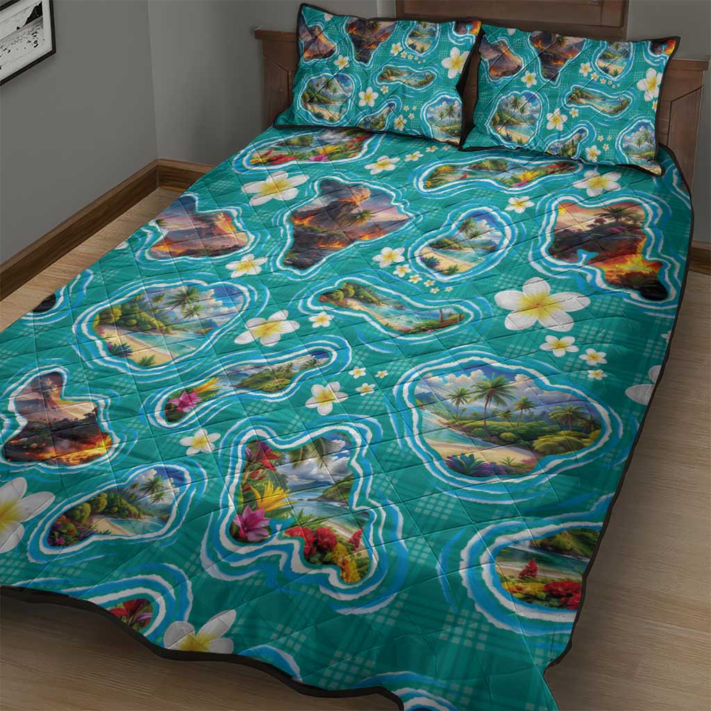 Hawaii Map with Plumeria Flower and Palaka Pattern Quilt Bed Set Tropical Island Teal Design