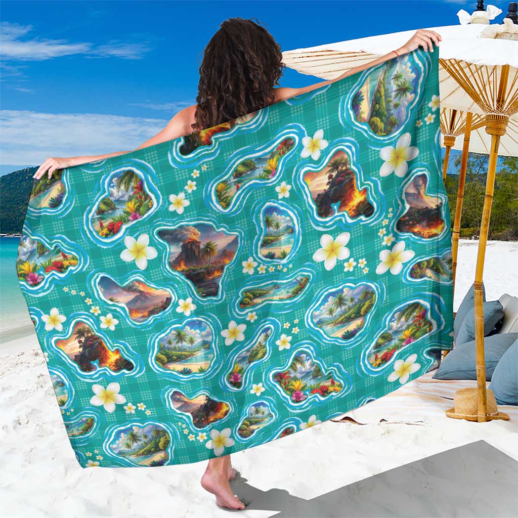 Hawaii Map with Plumeria Flower and Palaka Pattern Sarong Tropical Island Teal Design