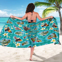 Hawaii Map with Plumeria Flower and Palaka Pattern Sarong Tropical Island Teal Design