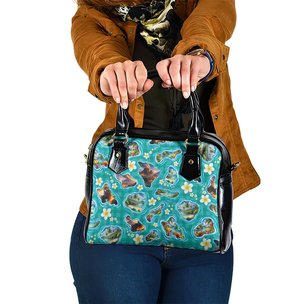 Hawaii Map with Plumeria Flower and Palaka Pattern Shoulder Handbag Tropical Island Teal Design LT03 One Size Teal - Polynesian Pride