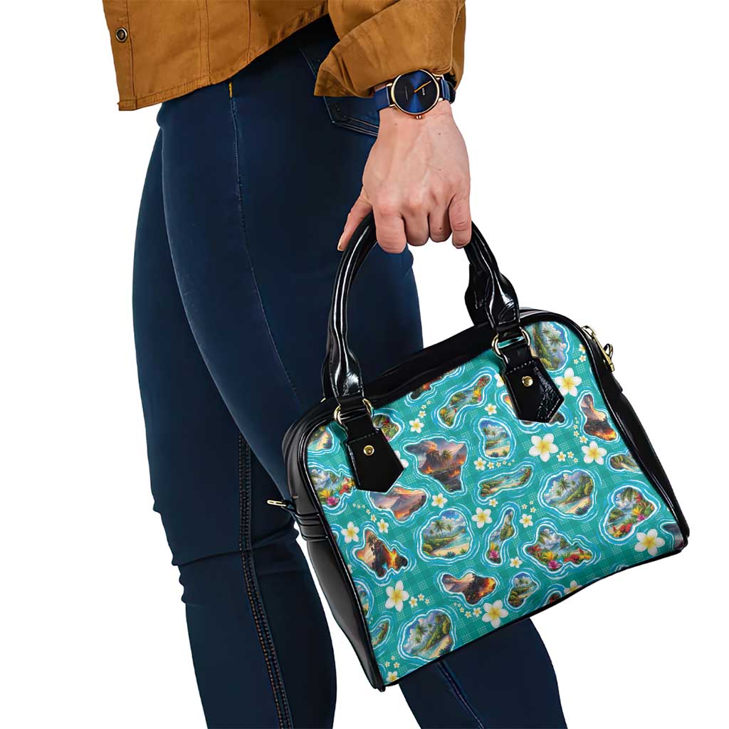 Hawaii Map with Plumeria Flower and Palaka Pattern Shoulder Handbag Tropical Island Teal Design LT03 - Polynesian Pride