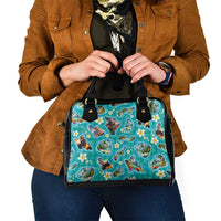 Hawaii Map with Plumeria Flower and Palaka Pattern Shoulder Handbag Tropical Island Teal Design LT03 - Polynesian Pride