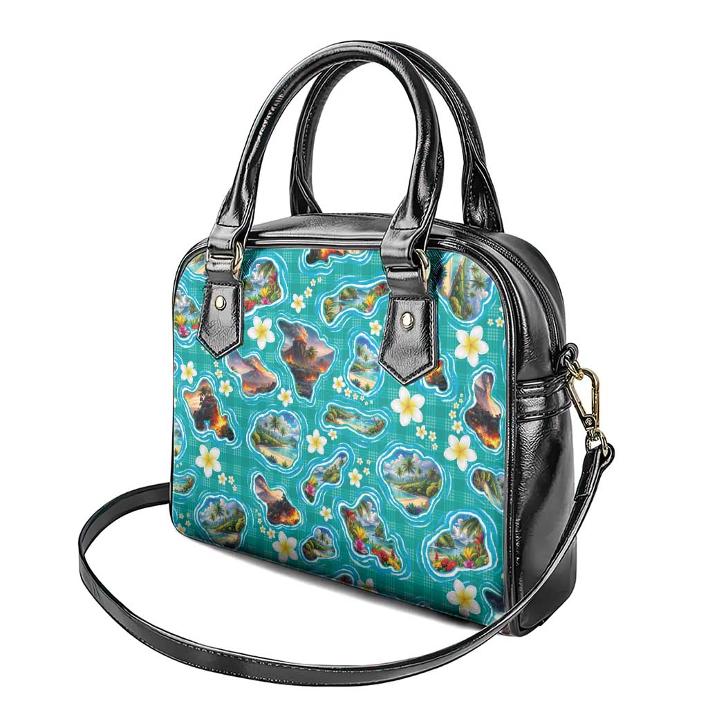 Hawaii Map with Plumeria Flower and Palaka Pattern Shoulder Handbag Tropical Island Teal Design LT03 - Polynesian Pride